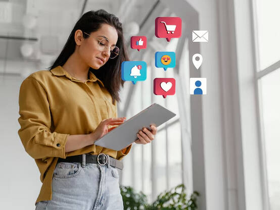 Person holding an iPad with social media icons hovering above it to represent a career in marketing